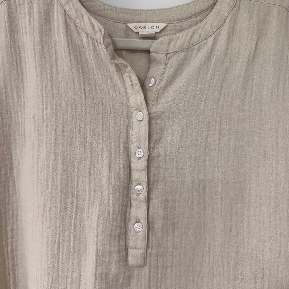Caslon Cotton Gauze Henley Top Women Large Tan Rolled Sleeve | Coastal Grandma - Picture 2 of 8